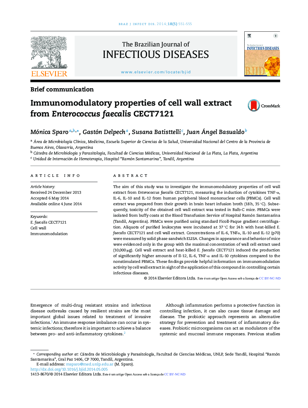 Immunomodulatory properties of cell wall extract from Enterococcus faecalis CECT7121