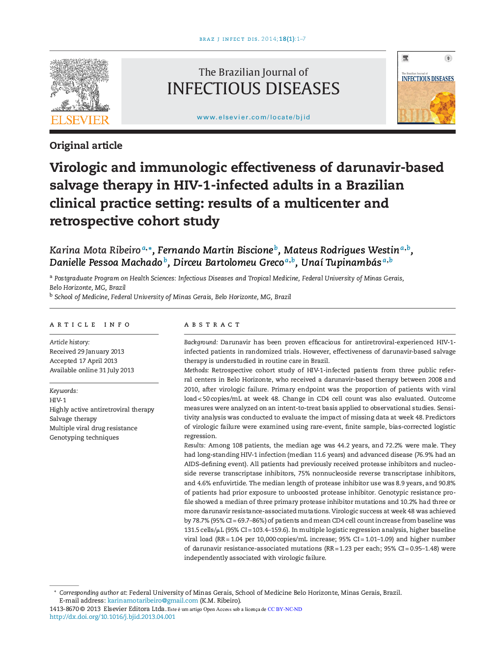 Virologic and immunologic effectiveness of darunavir-based salvage therapy in HIV-1-infected adults in a Brazilian clinical practice setting: results of a multicenter and retrospective cohort study