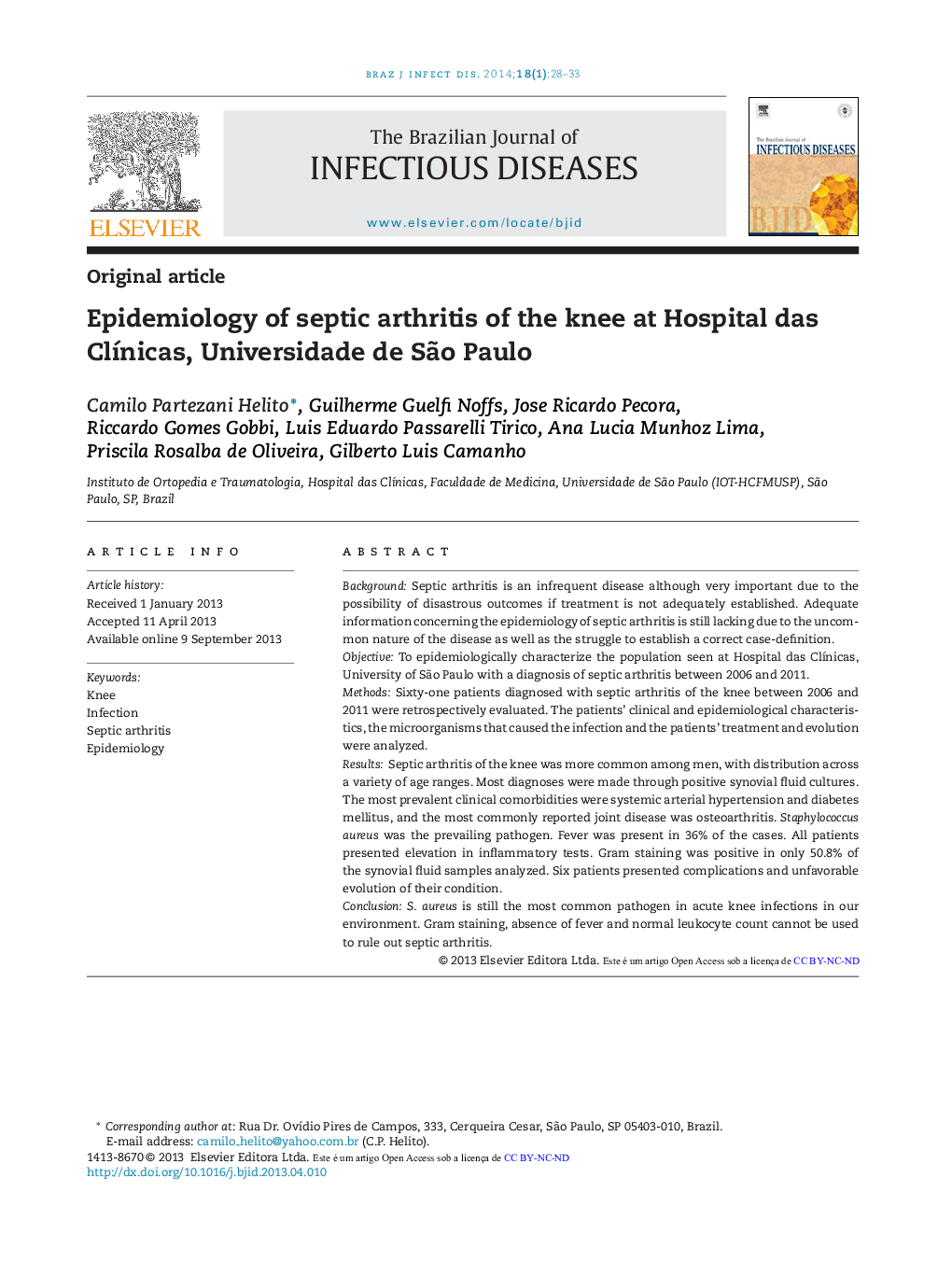 Epidemiology of septic arthritis of the knee at Hospital das Clínicas, Universidade de São Paulo