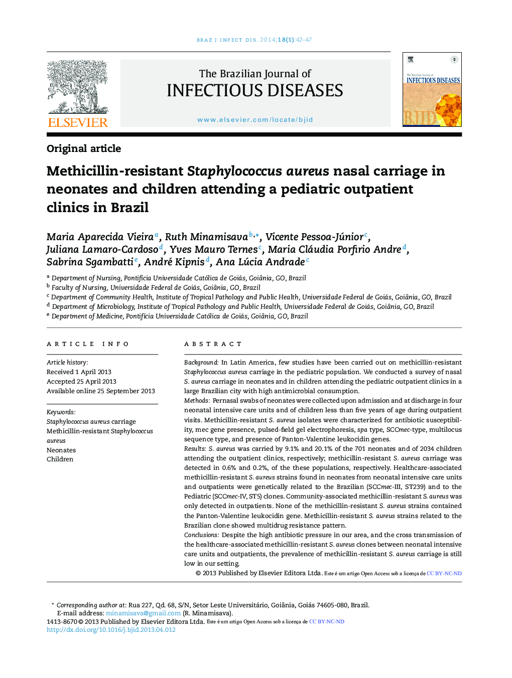 Methicillin-resistant Staphylococcus aureus nasal carriage in neonates and children attending a pediatric outpatient clinics in Brazil