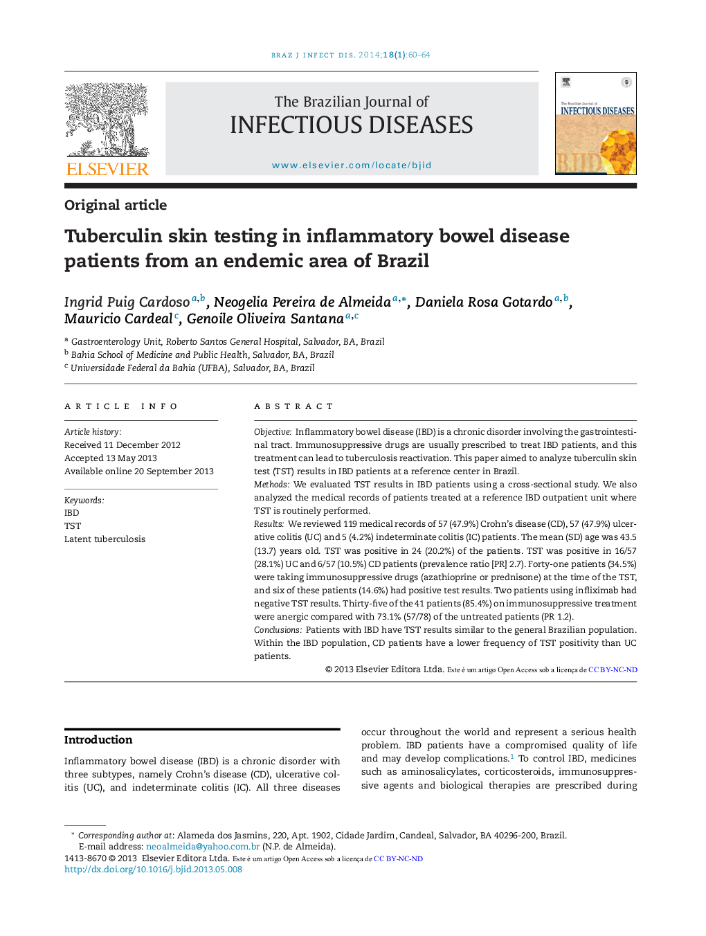 Tuberculin skin testing in inflammatory bowel disease patients from an endemic area of Brazil