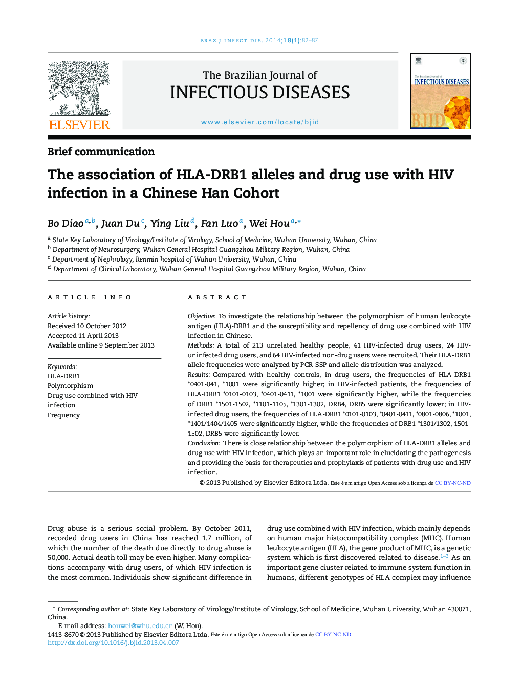 The association of HLA-DRB1 alleles and drug use with HIV infection in a Chinese Han Cohort