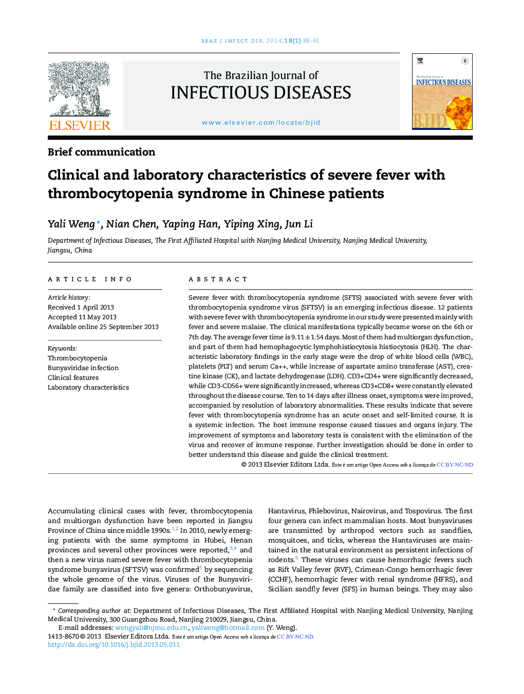 Clinical and laboratory characteristics of severe fever with thrombocytopenia syndrome in Chinese patients