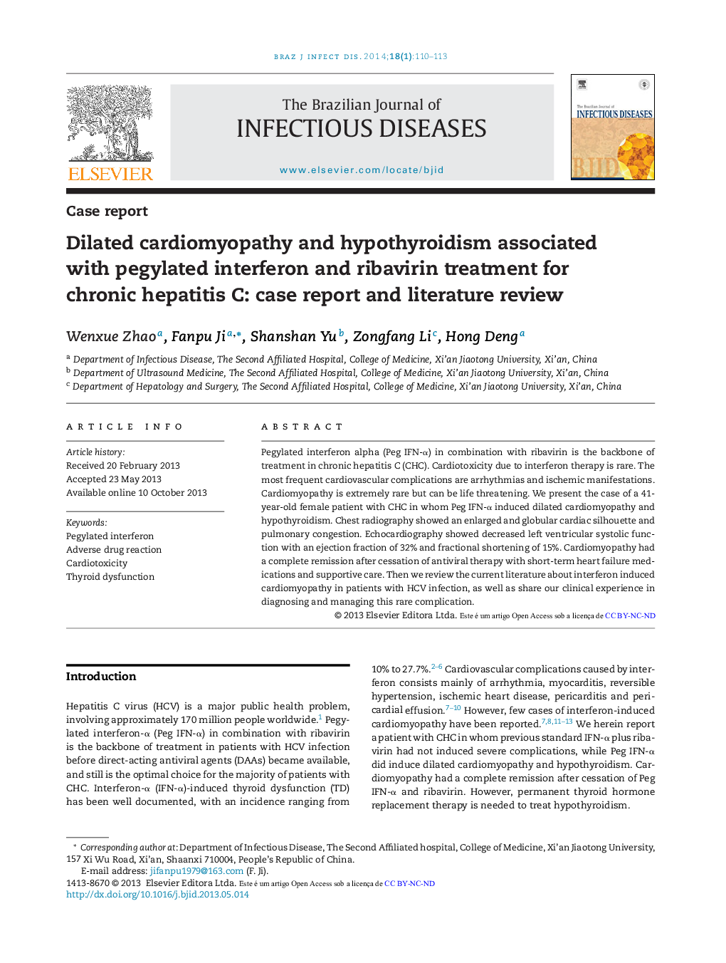 Dilated cardiomyopathy and hypothyroidism associated with pegylated interferon and ribavirin treatment for chronic hepatitis C: case report and literature review