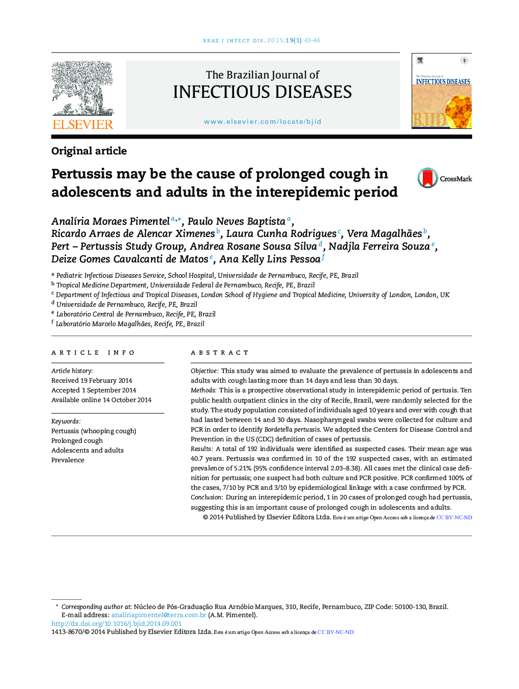 Pertussis may be the cause of prolonged cough in adolescents and adults in the interepidemic period
