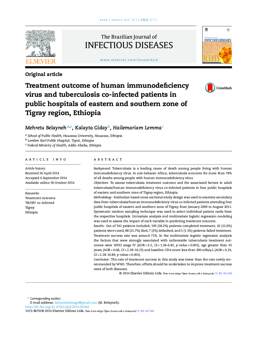 Treatment outcome of human immunodeficiency virus and tuberculosis co-infected patients in public hospitals of eastern and southern zone of Tigray region, Ethiopia