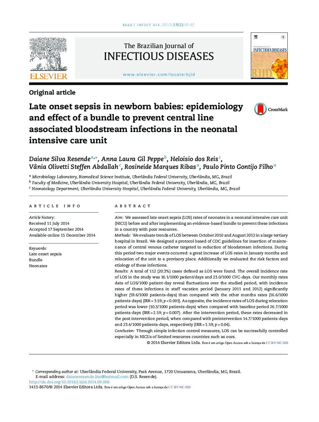 Late onset sepsis in newborn babies: epidemiology and effect of a bundle to prevent central line associated bloodstream infections in the neonatal intensive care unit