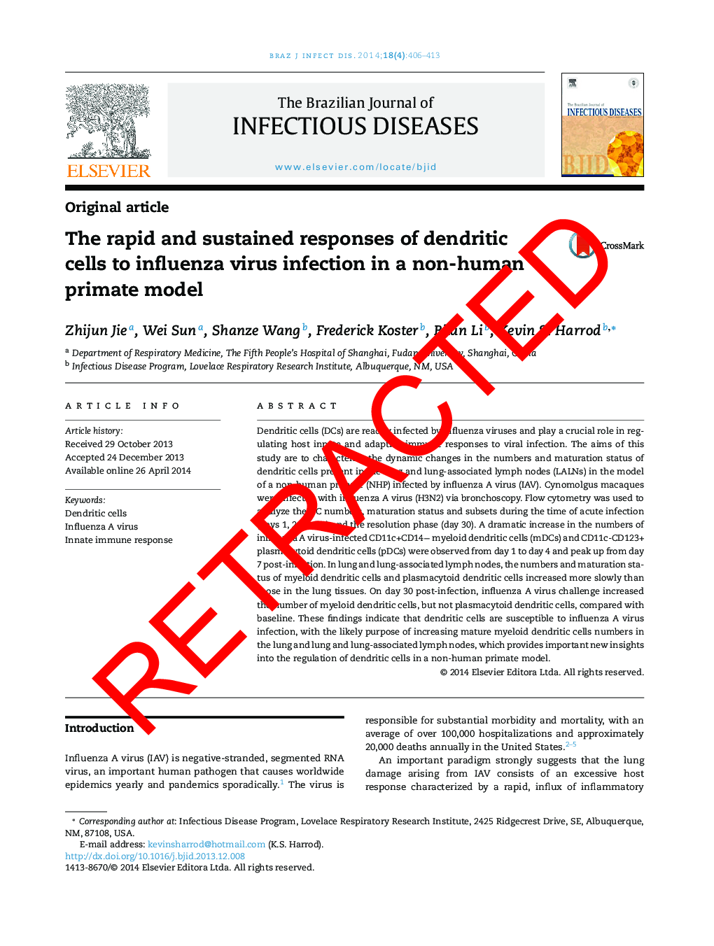 RETRACTED: The rapid and sustained responses of dendritic cells to influenza virus infection in a non-human primate model