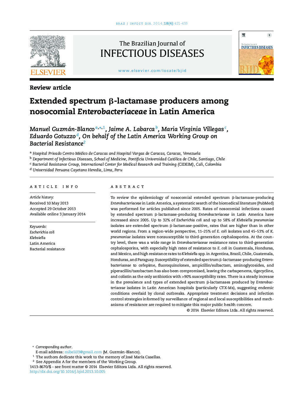 Extended spectrum β-lactamase producers among nosocomial Enterobacteriaceae in Latin America