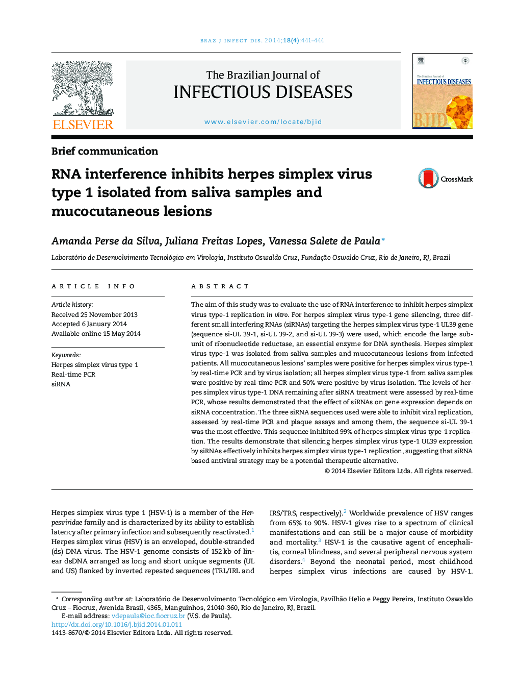 RNA interference inhibits herpes simplex virus type 1 isolated from saliva samples and mucocutaneous lesions