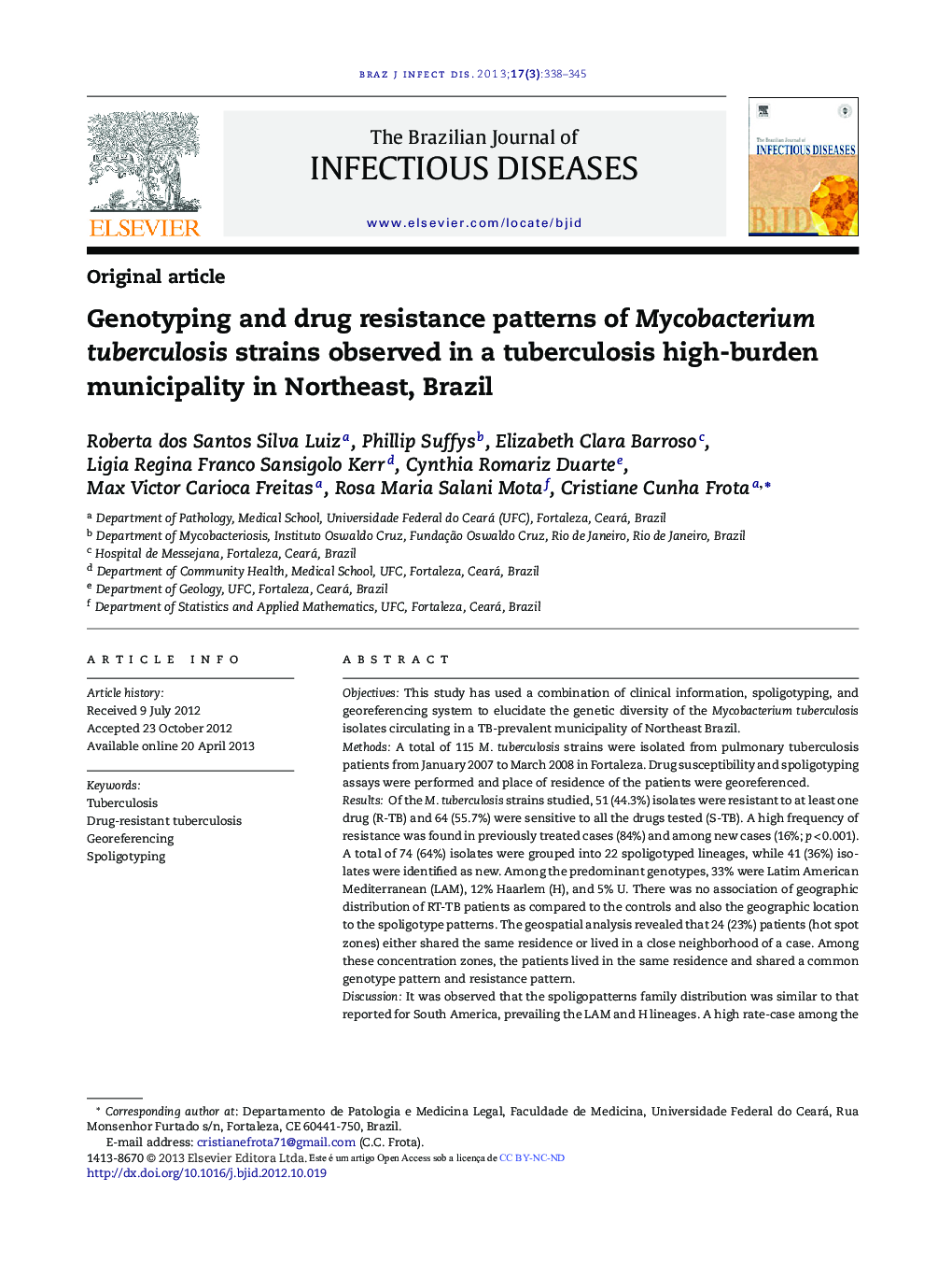 Genotyping and drug resistance patterns of Mycobacterium tuberculosis strains observed in a tuberculosis high-burden municipality in Northeast, Brazil