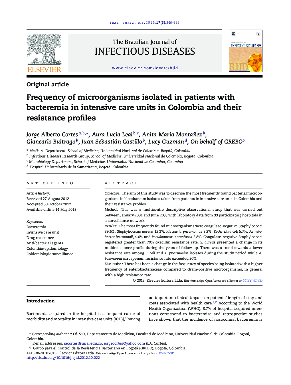 Frequency of microorganisms isolated in patients with bacteremia in intensive care units in Colombia and their resistance profiles