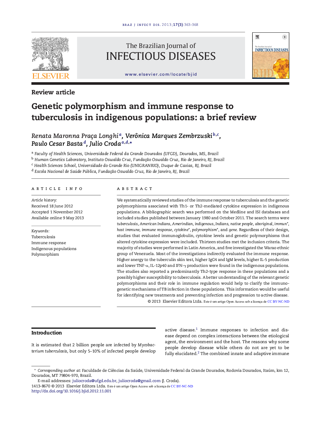 Genetic polymorphism and immune response to tuberculosis in indigenous populations: a brief review