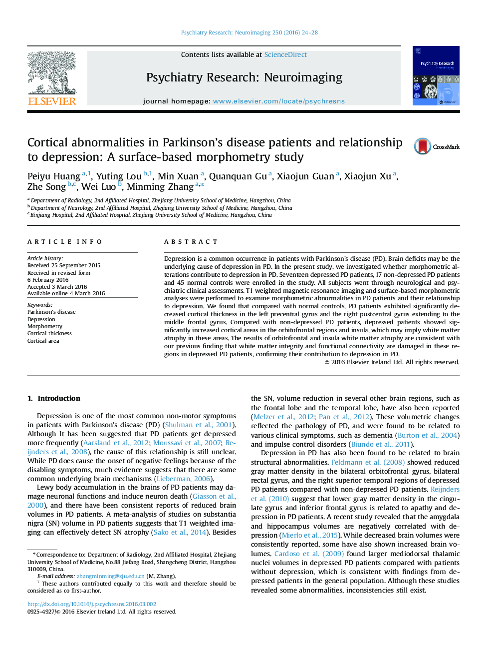 Cortical abnormalities in Parkinson’s disease patients and relationship to depression: A surface-based morphometry study