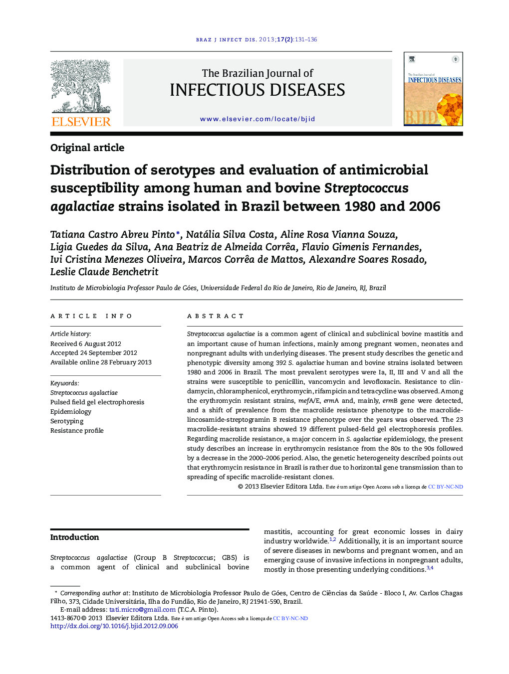 Distribution of serotypes and evaluation of antimicrobial susceptibility among human and bovine Streptococcus agalactiae strains isolated in Brazil between 1980 and 2006