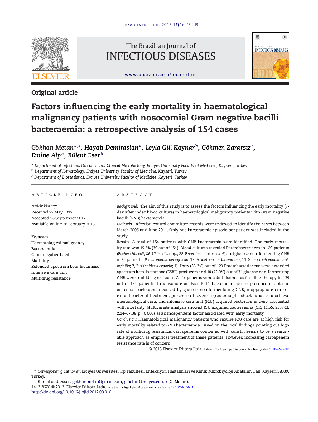 Factors influencing the early mortality in haematological malignancy patients with nosocomial Gram negative bacilli bacteraemia: a retrospective analysis of 154 cases