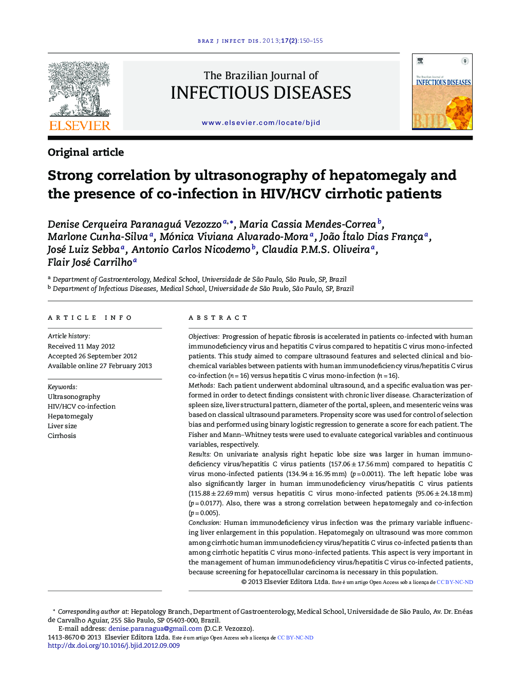 Strong correlation by ultrasonography of hepatomegaly and the presence of co-infection in HIV/HCV cirrhotic patients