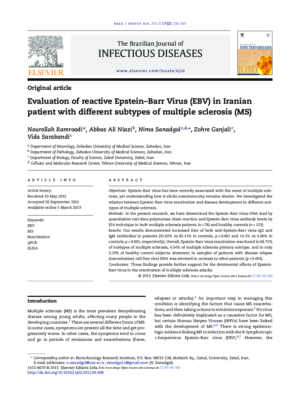 Evaluation of reactive Epstein–Barr Virus (EBV) in Iranian patient with different subtypes of multiple sclerosis (MS)