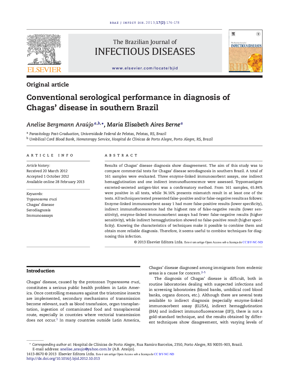 Conventional serological performance in diagnosis of Chagas’ disease in southern Brazil