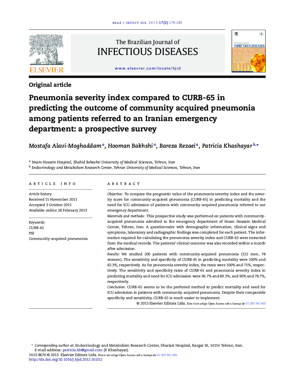 Pneumonia severity index compared to CURB-65 in predicting the outcome of community acquired pneumonia among patients referred to an Iranian emergency department: a prospective survey