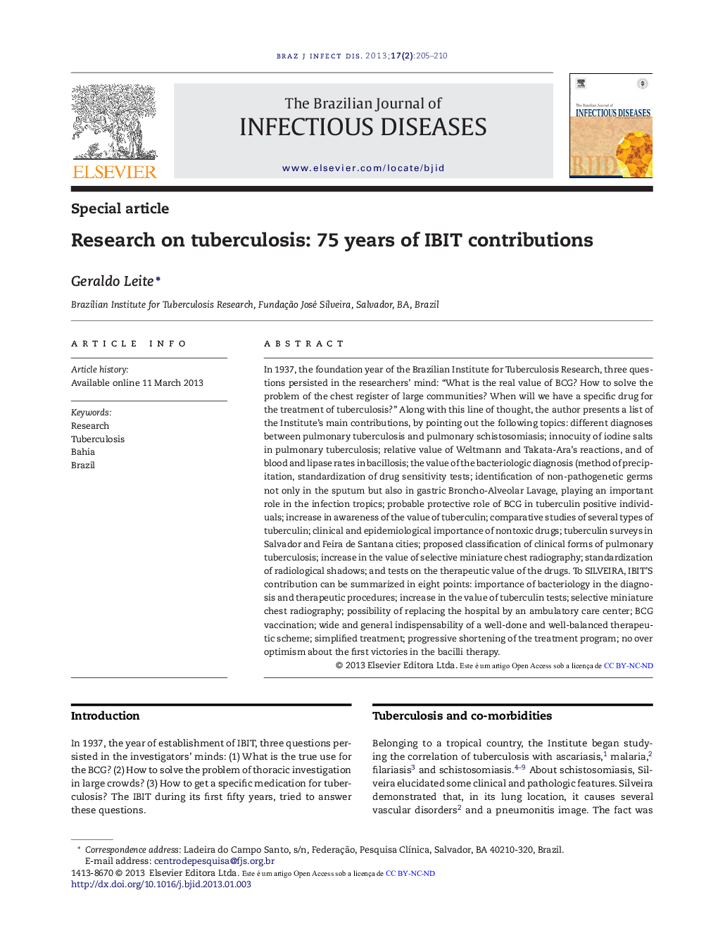 Research on tuberculosis: 75 years of IBIT contributions