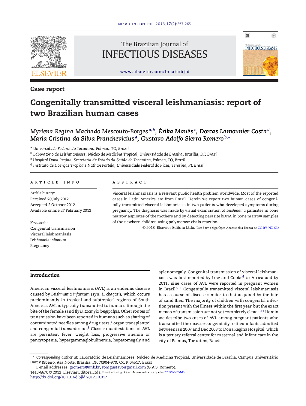 Congenitally transmitted visceral leishmaniasis: report of two Brazilian human cases