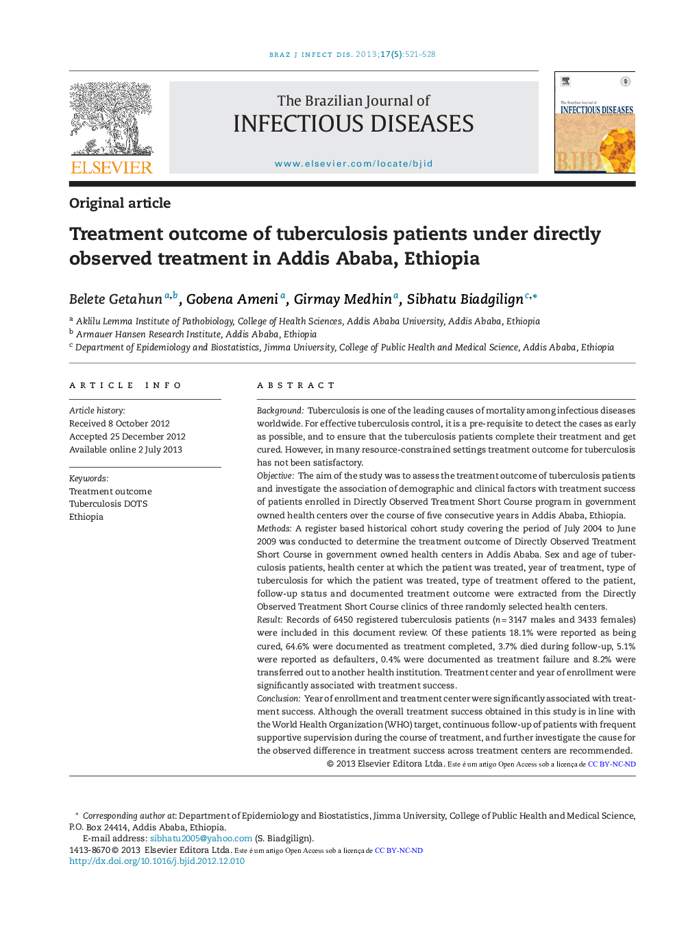 Treatment outcome of tuberculosis patients under directly observed treatment in Addis Ababa, Ethiopia