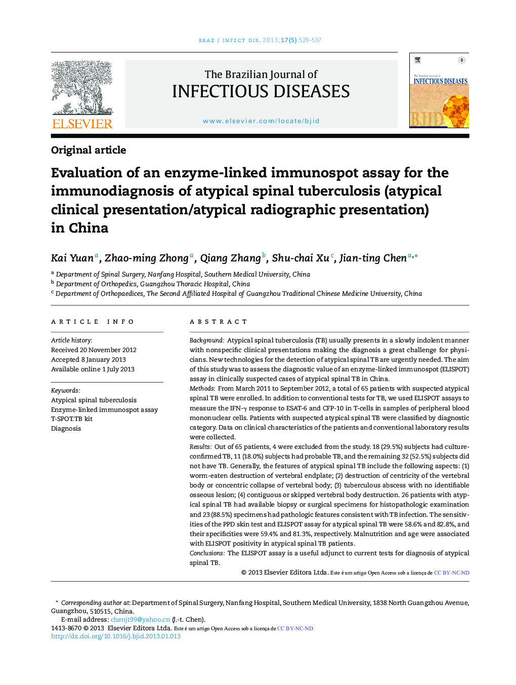 Evaluation of an enzyme-linked immunospot assay for the immunodiagnosis of atypical spinal tuberculosis (atypical clinical presentation/atypical radiographic presentation) in China