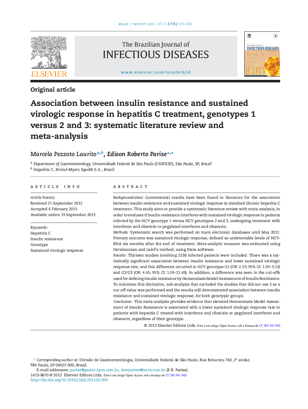 Association between insulin resistance and sustained virologic response in hepatitis C treatment, genotypes 1 versus 2 and 3: systematic literature review and meta-analysis