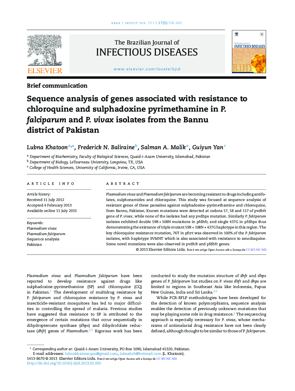 Sequence analysis of genes associated with resistance to chloroquine and sulphadoxine pyrimethamine in P. falciparum and P. vivax isolates from the Bannu district of Pakistan