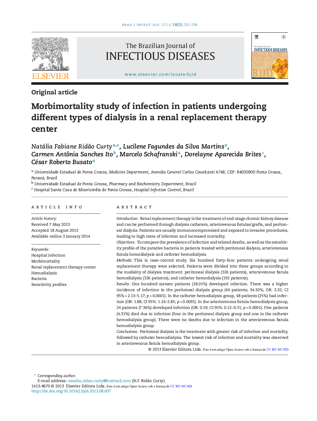 Morbimortality study of infection in patients undergoing different types of dialysis in a renal replacement therapy center