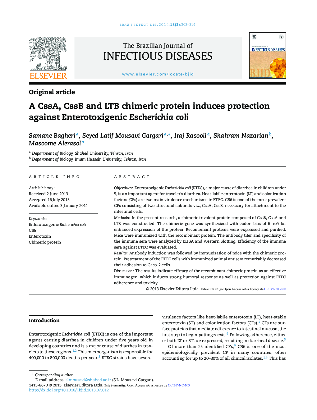 A CssA, CssB and LTB chimeric protein induces protection against Enterotoxigenic Escherichia coli