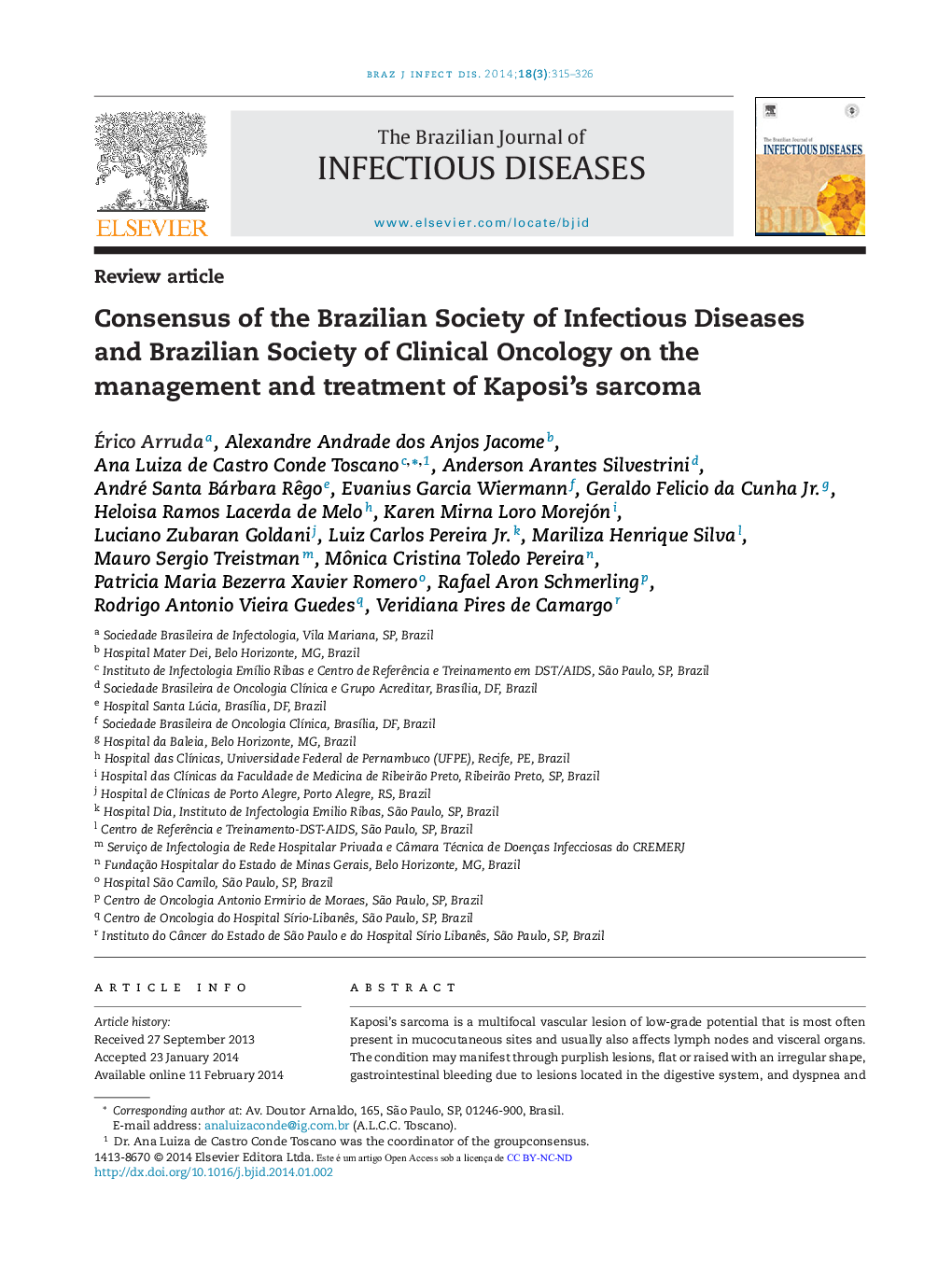 Consensus of the Brazilian Society of Infectious Diseases and Brazilian Society of Clinical Oncology on the management and treatment of Kaposi's sarcoma