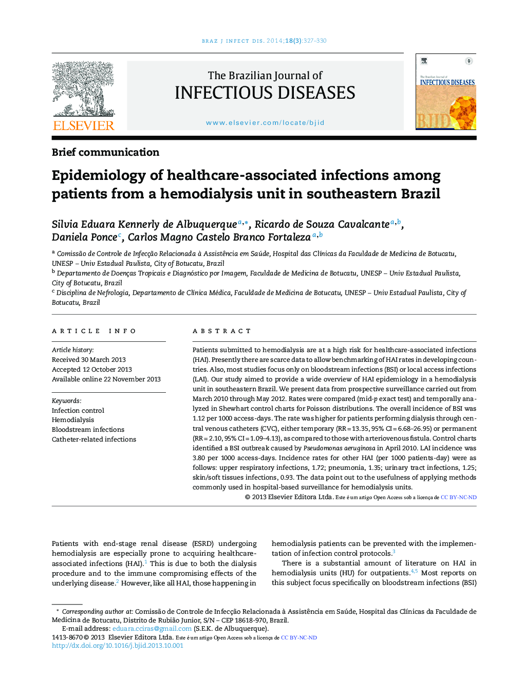 Epidemiology of healthcare-associated infections among patients from a hemodialysis unit in southeastern Brazil