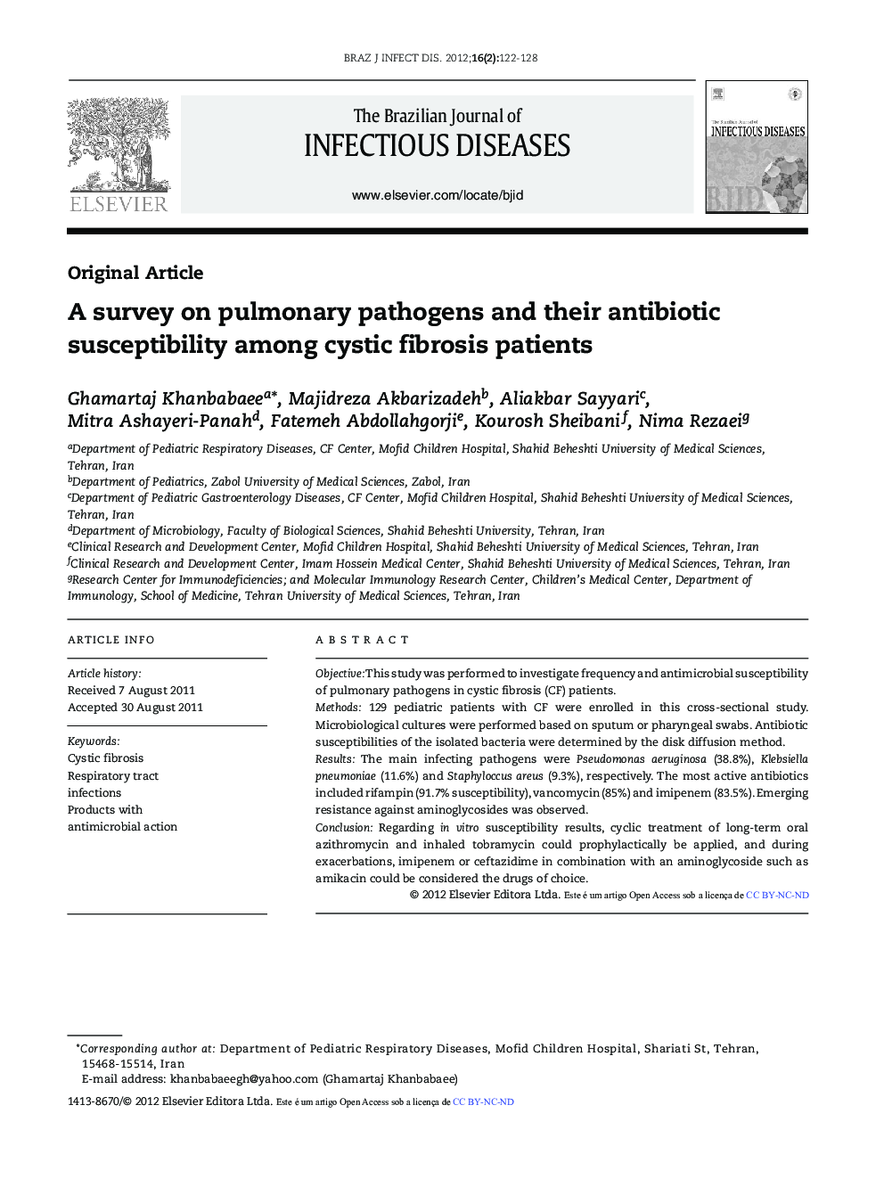 A survey on pulmonary pathogens and their antibiotic susceptibility among cystic fibrosis patients