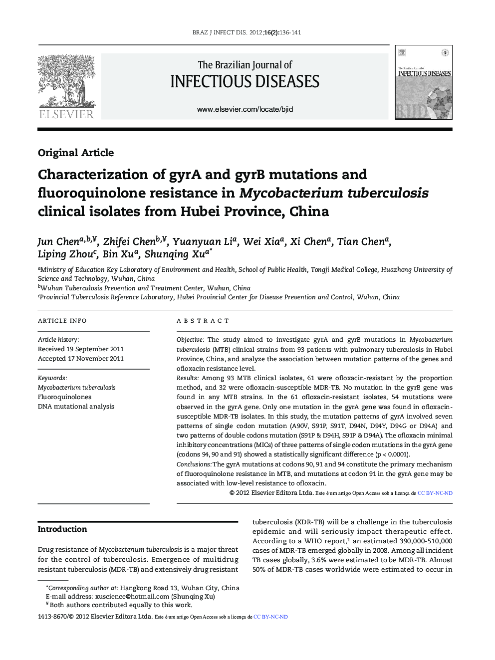 Characterization of gyrA and gyrB mutations and fluoroquinolone resistance in Mycobacterium tuberculosis clinical isolates from Hubei Province, China