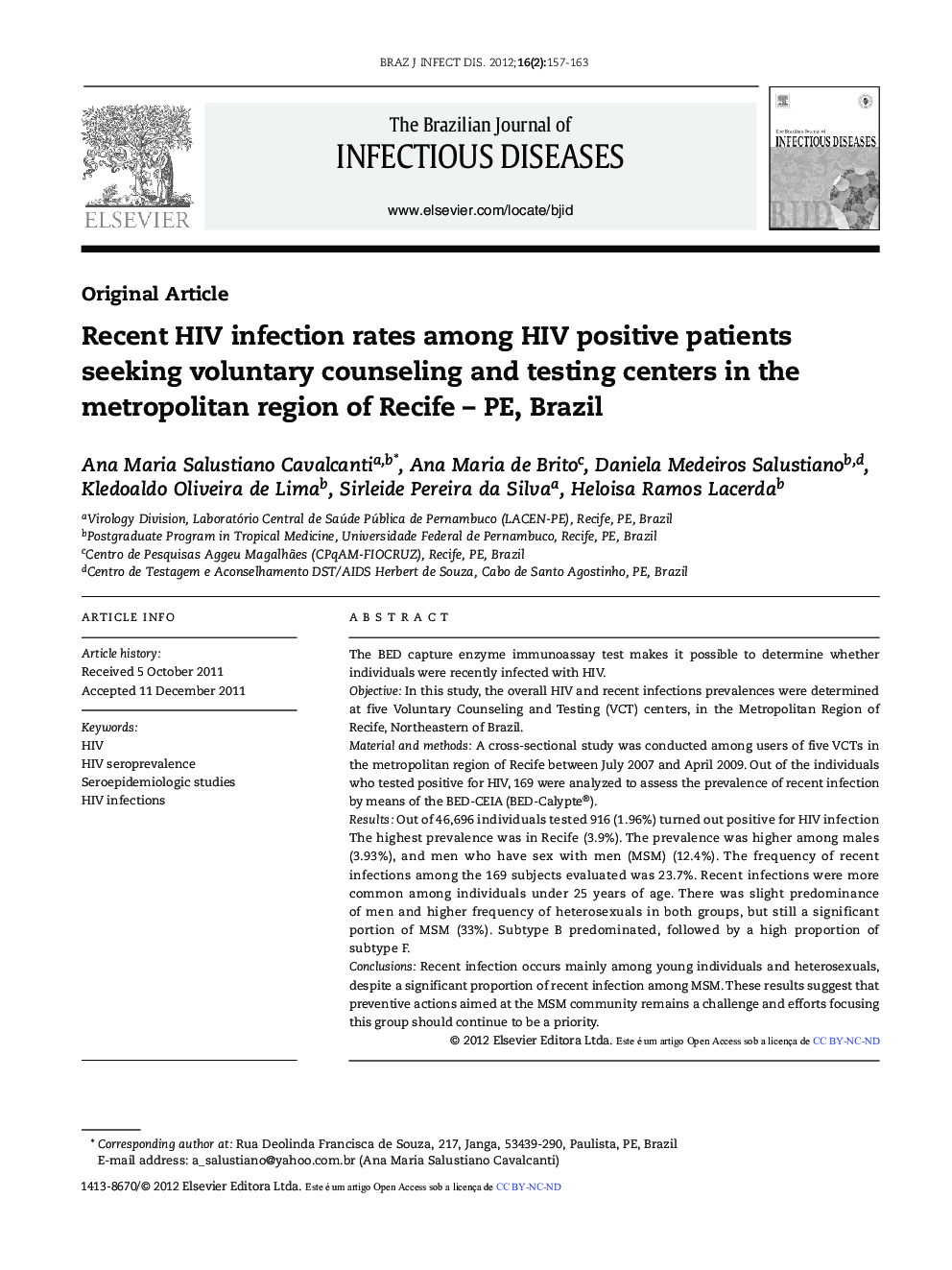 Recent HIV infection rates among HIV positive patients seeking voluntary counseling and testing centers in the metropolitan region of Recife – PE, Brazil