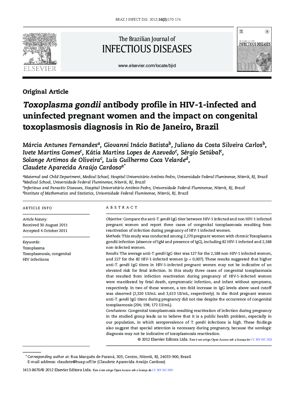 Toxoplasma gondii antibody profile in HIV-1-infected and uninfected pregnant women and the impact on congenital toxoplasmosis diagnosis in Rio de Janeiro, Brazil