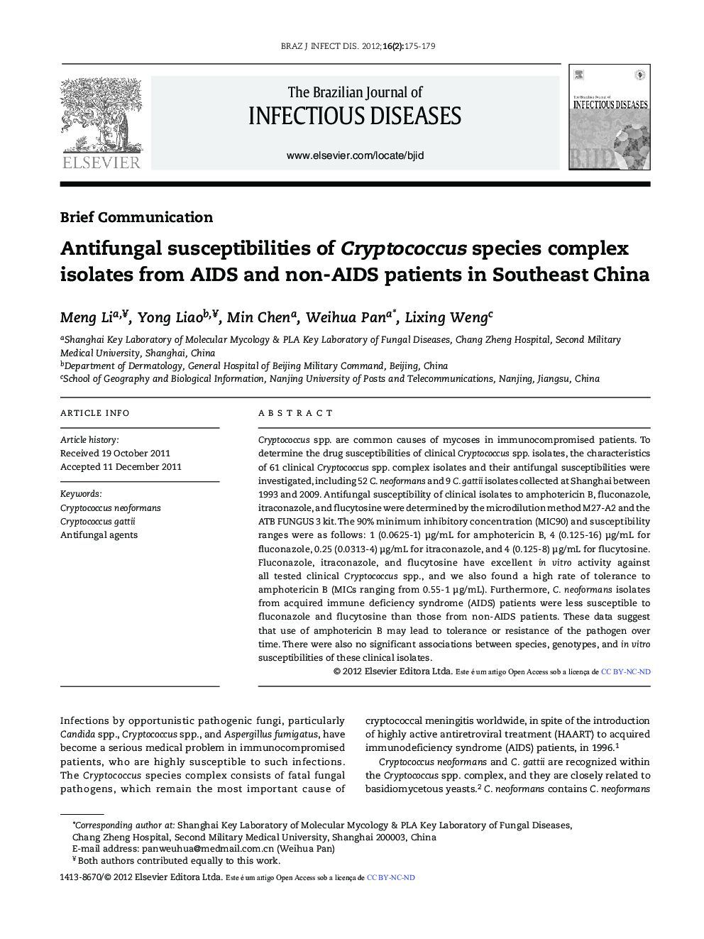 Antifungal susceptibilities of Cryptococcus species complex isolates from AIDS and non-AIDS patients in Southeast China