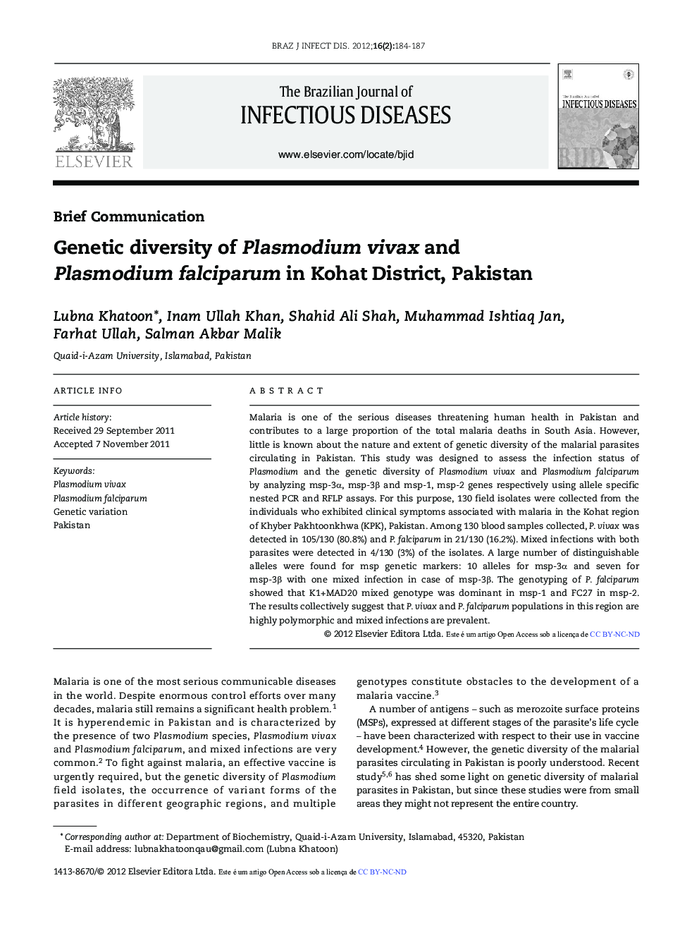 Genetic diversity of Plasmodium vivax and Plasmodium falciparum in Kohat District, Pakistan