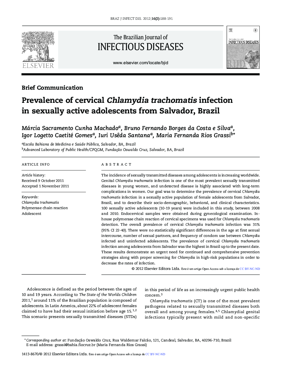 Prevalence of cervical Chlamydia trachomatis infection in sexually active adolescents from Salvador, Brazil