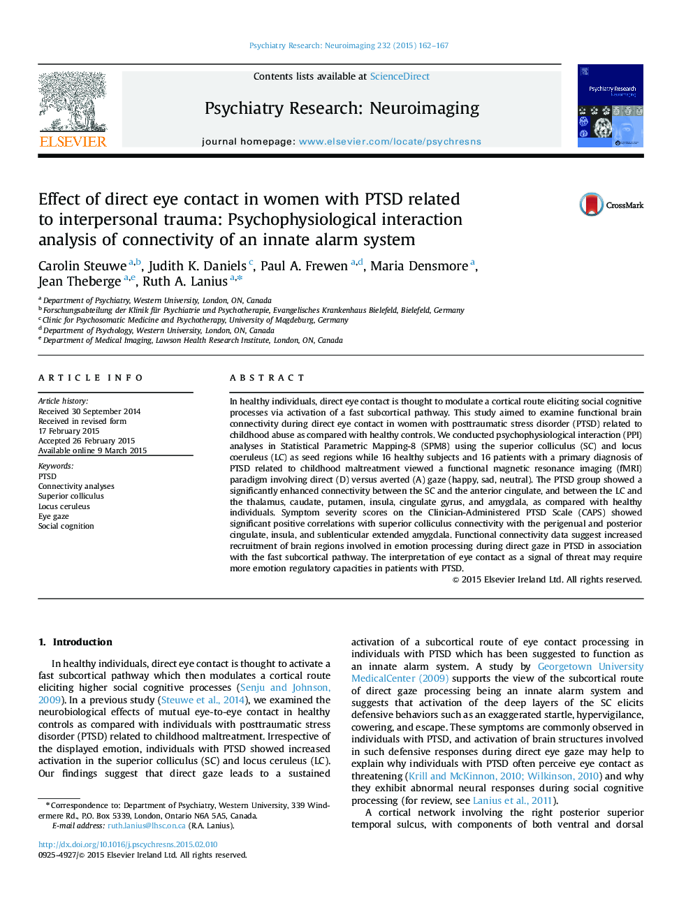 Effect of direct eye contact in women with PTSD related to interpersonal trauma: Psychophysiological interaction analysis of connectivity of an innate alarm system