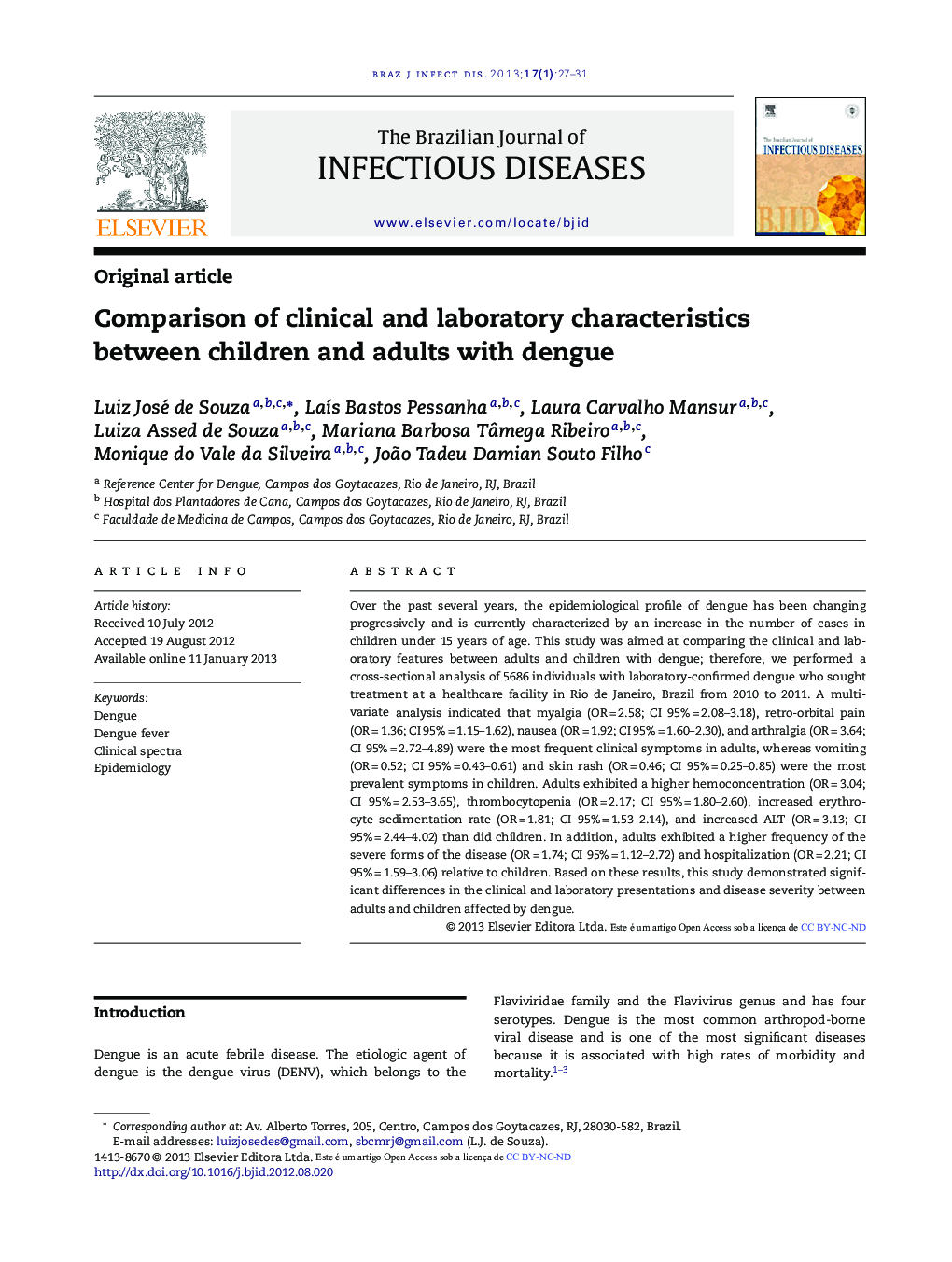 Comparison of clinical and laboratory characteristics between children and adults with dengue