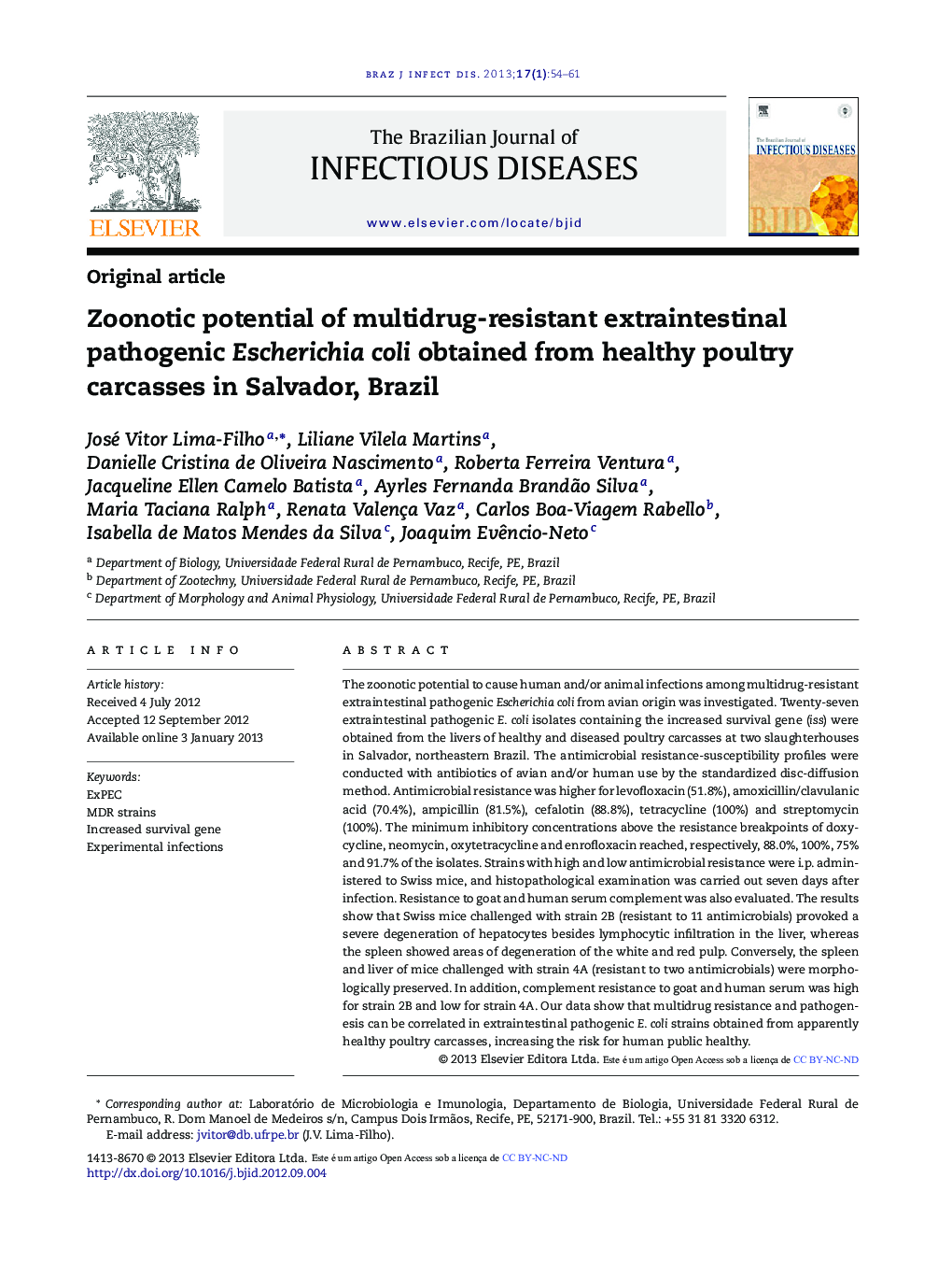 Zoonotic potential of multidrug-resistant extraintestinal pathogenic Escherichia coli obtained from healthy poultry carcasses in Salvador, Brazil