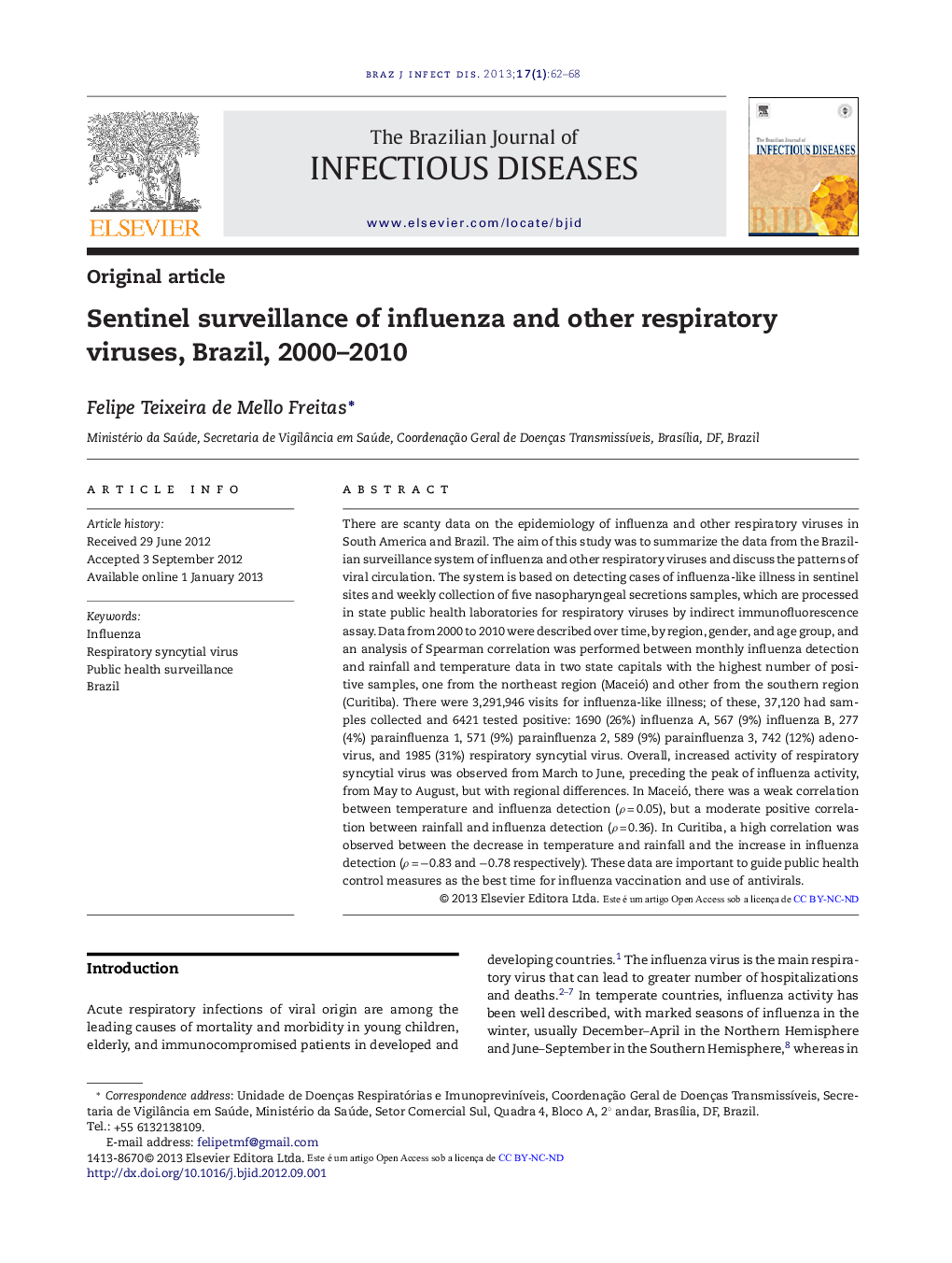 Sentinel surveillance of influenza and other respiratory viruses, Brazil, 2000–2010