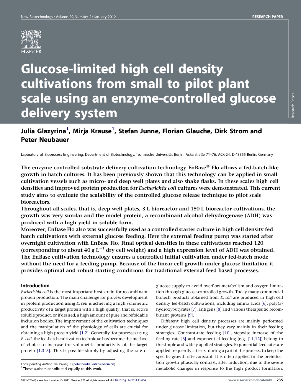 Glucose-limited high cell density cultivations from small to pilot plant scale using an enzyme-controlled glucose delivery system