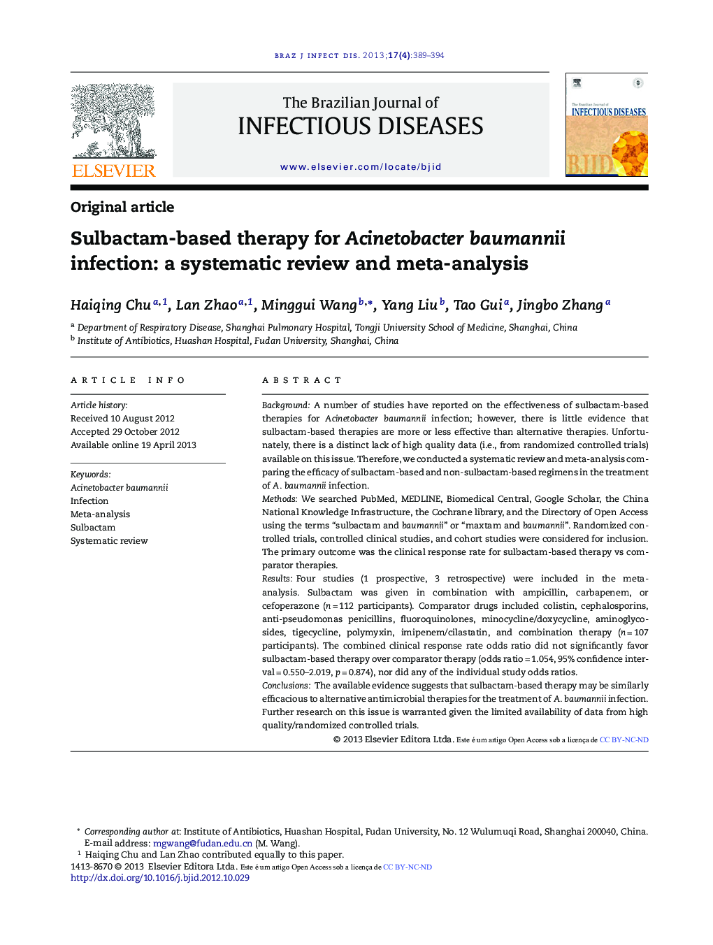 Sulbactam-based therapy for Acinetobacter baumannii infection: a systematic review and meta-analysis