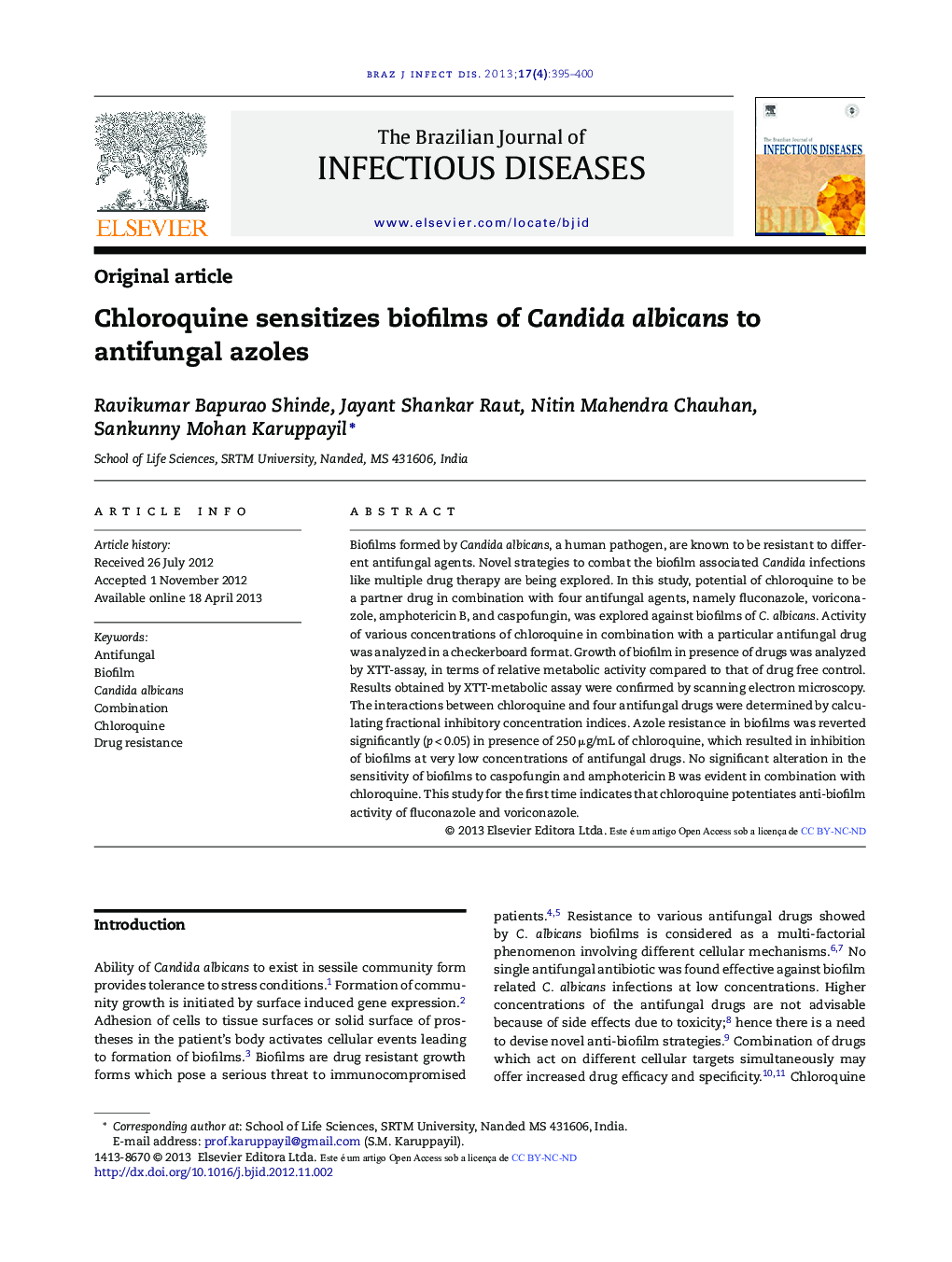 Chloroquine sensitizes biofilms of Candida albicans to antifungal azoles