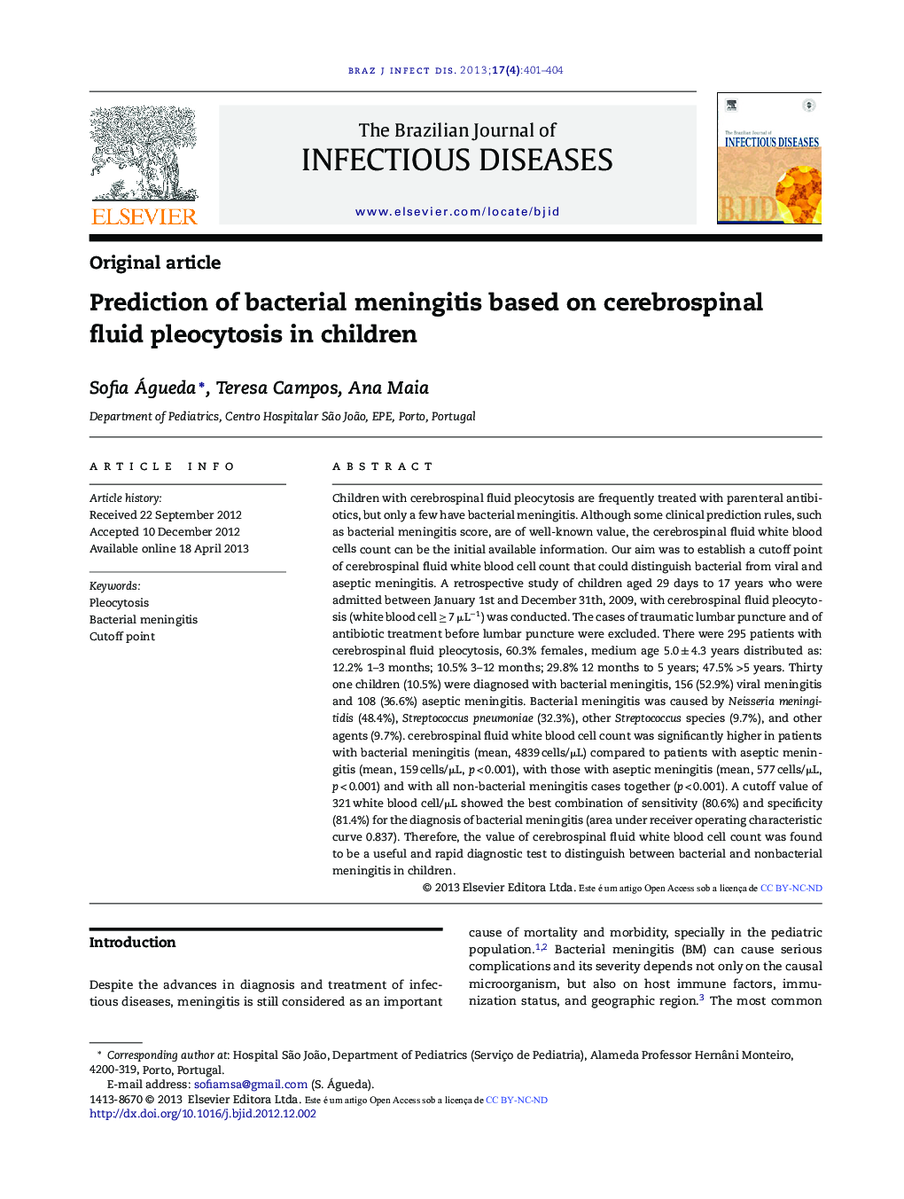 Prediction of bacterial meningitis based on cerebrospinal fluid pleocytosis in children