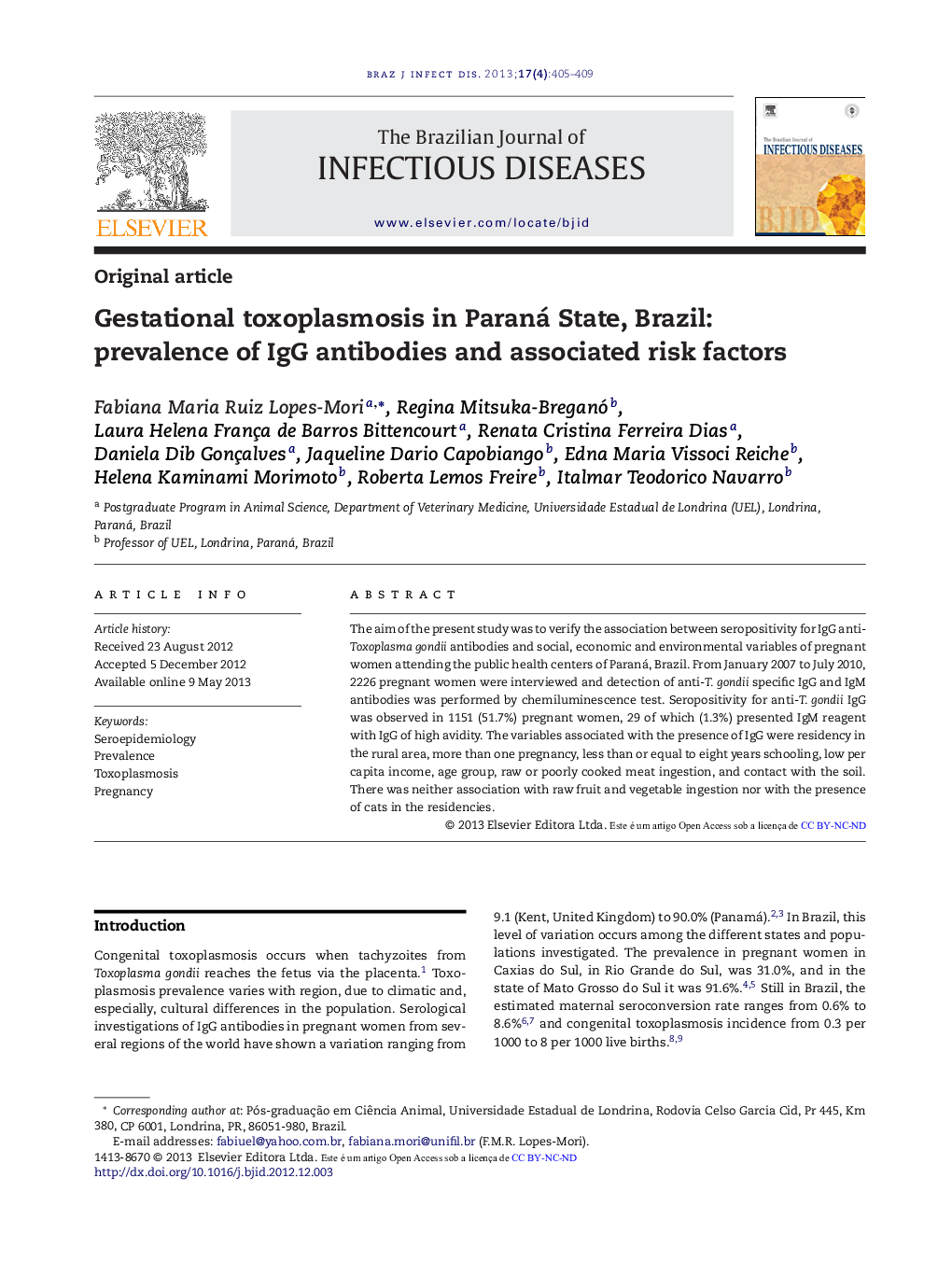 Gestational toxoplasmosis in Paraná State, Brazil: prevalence of IgG antibodies and associated risk factors